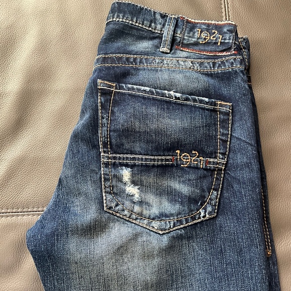 NWOT 1921 Western Glove Works 32/34 Relaxed Distressed Button Fly Jeans Blue - Picture 2 of 10